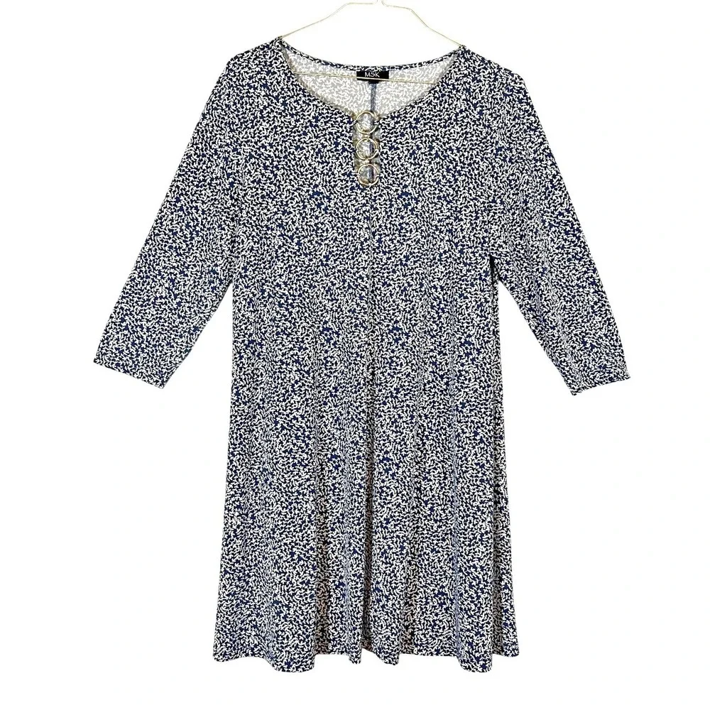 MSK Swing‎ Dress Navy White Print 3 Ring Detail Long Sleeve XL